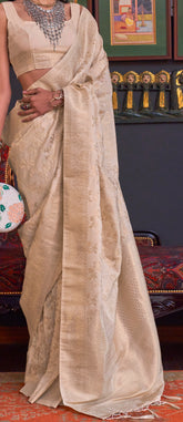 Cream  katan habutai silk handloom weaving saree | Silk Saree | Floral Saree